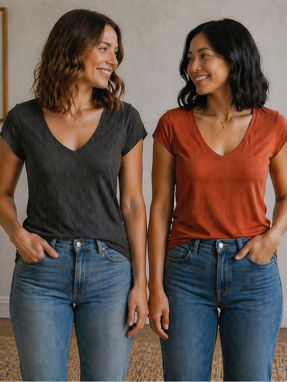 2 Shirt Bundle- Women's V-Neck Short Sleeve Tee - Charcoal & Rust XL